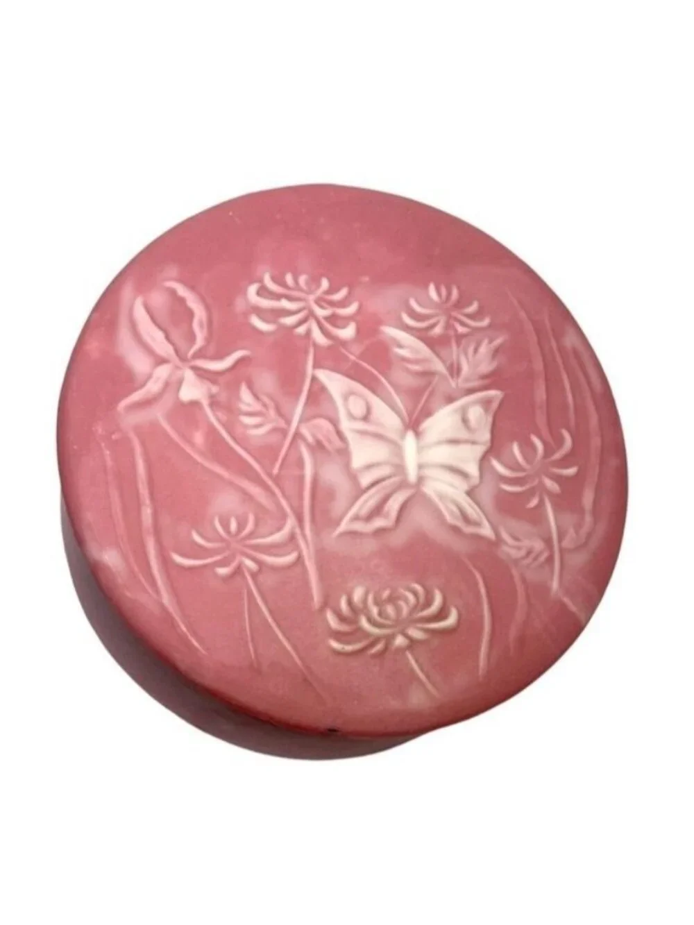 Vintage Pink Embossed Butterfly & Floral Round Incolay Trinket Box With Lid